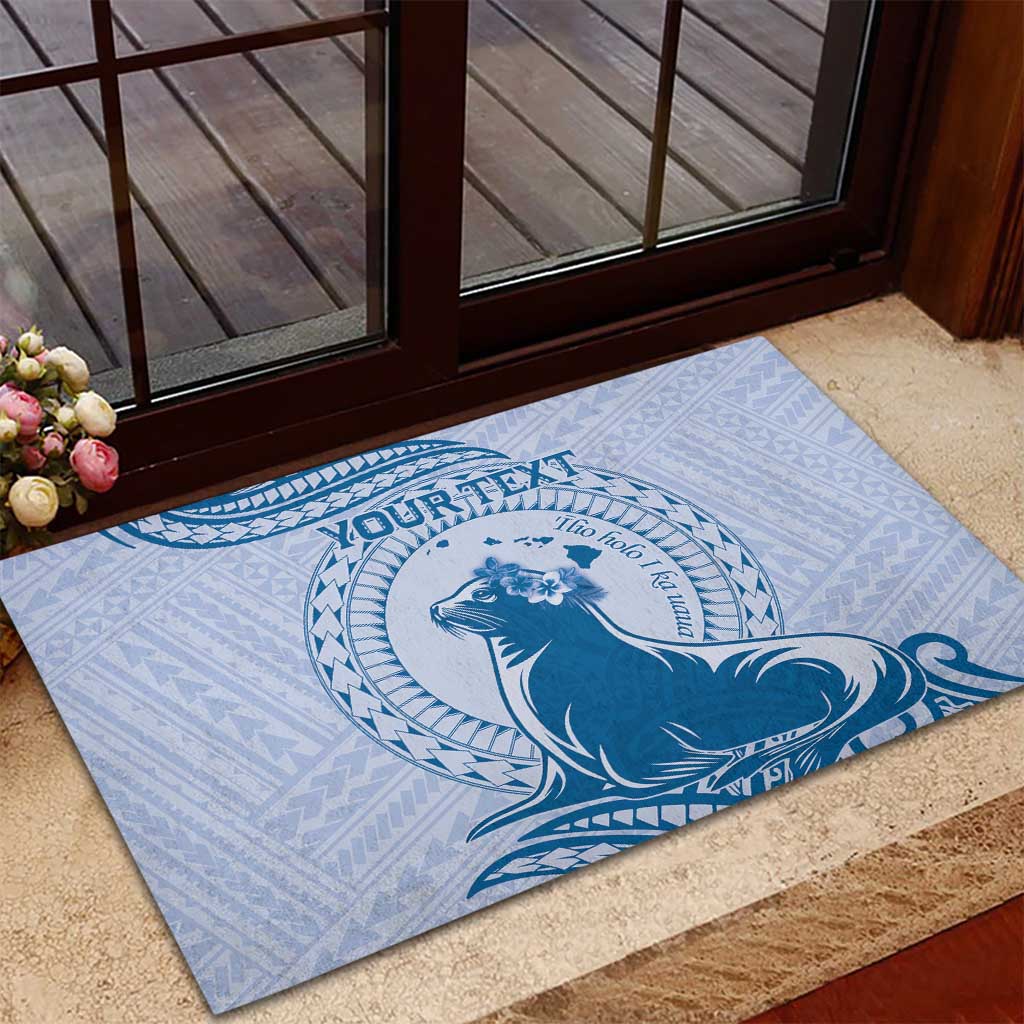 Personalised Hawaii Monk Seal Rubber Doormat Polynesian Tattoo With Tropical Flowers - Blue Pastel LT14 - Polynesian Pride