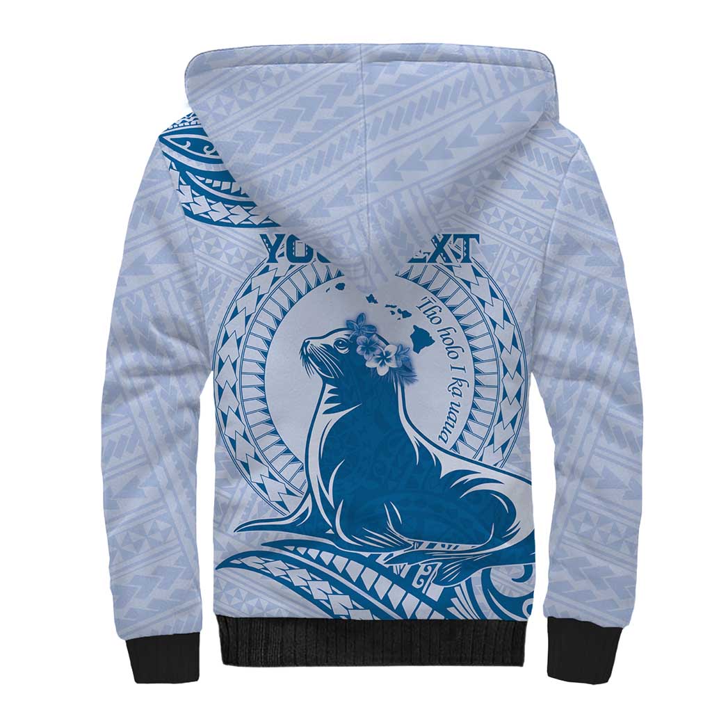 Personalised Hawaii Monk Seal Sherpa Hoodie Polynesian Tattoo With Tropical Flowers - Blue Pastel LT14 - Polynesian Pride