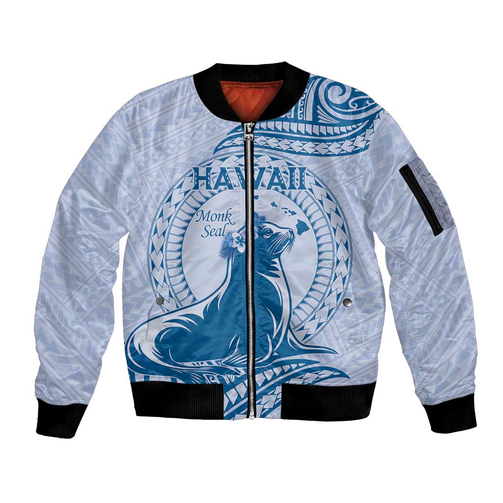 Personalised Hawaii Monk Seal Sleeve Zip Bomber Jacket Polynesian Tattoo With Tropical Flowers - Blue Pastel