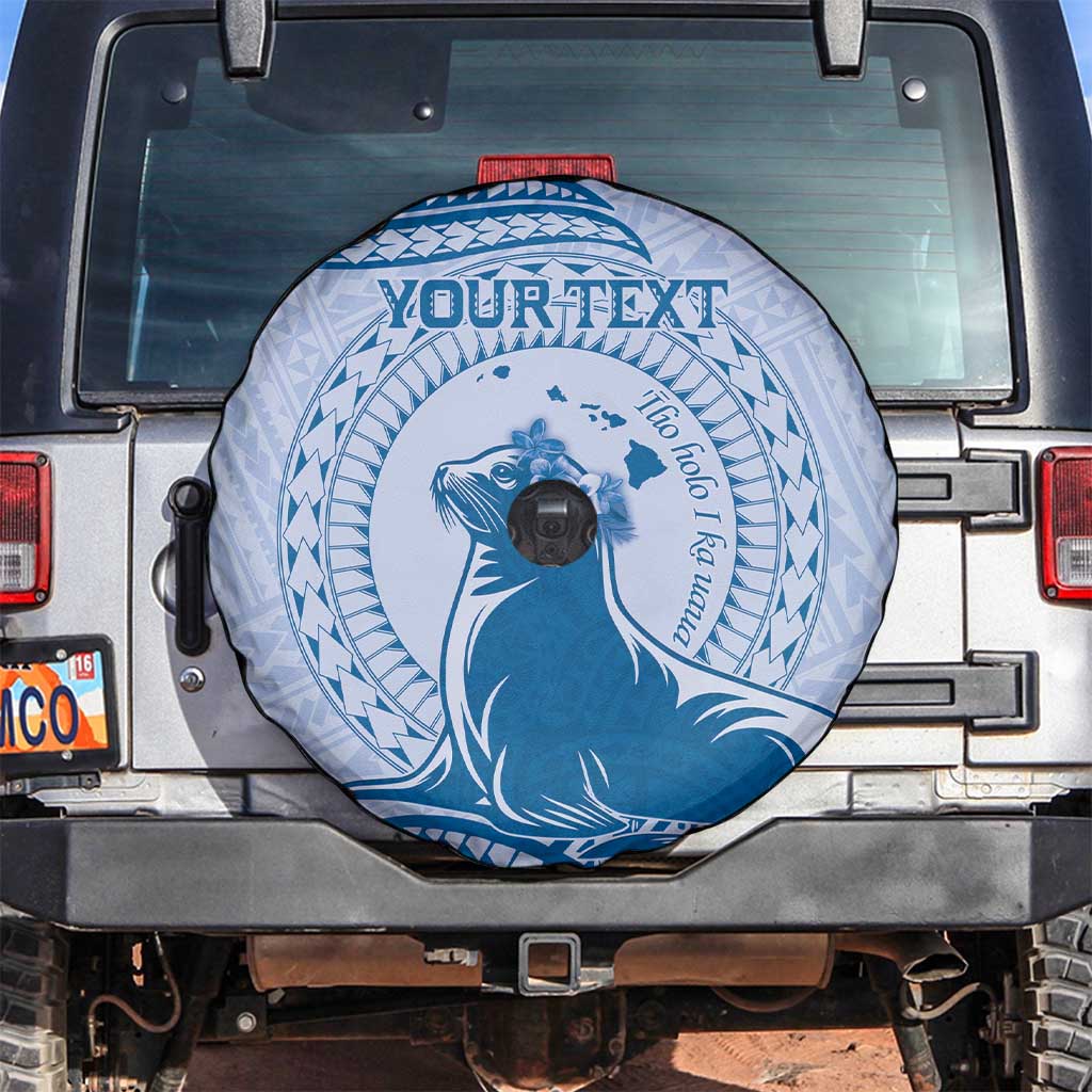 Personalised Hawaii Monk Seal Spare Tire Cover Polynesian Tattoo With Tropical Flowers - Blue Pastel LT14 Blue - Polynesian Pride
