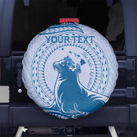 Personalised Hawaii Monk Seal Spare Tire Cover Polynesian Tattoo With Tropical Flowers - Blue Pastel LT14 - Polynesian Pride