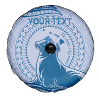 Personalised Hawaii Monk Seal Spare Tire Cover Polynesian Tattoo With Tropical Flowers - Blue Pastel LT14 - Polynesian Pride