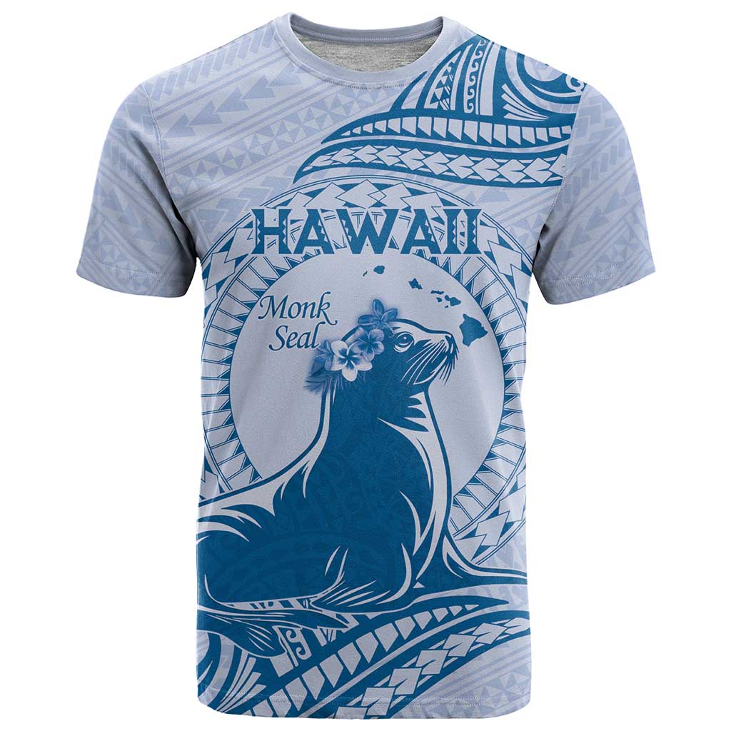 Personalised Hawaii Monk Seal T Shirt Polynesian Tattoo With Tropical Flowers - Blue Pastel