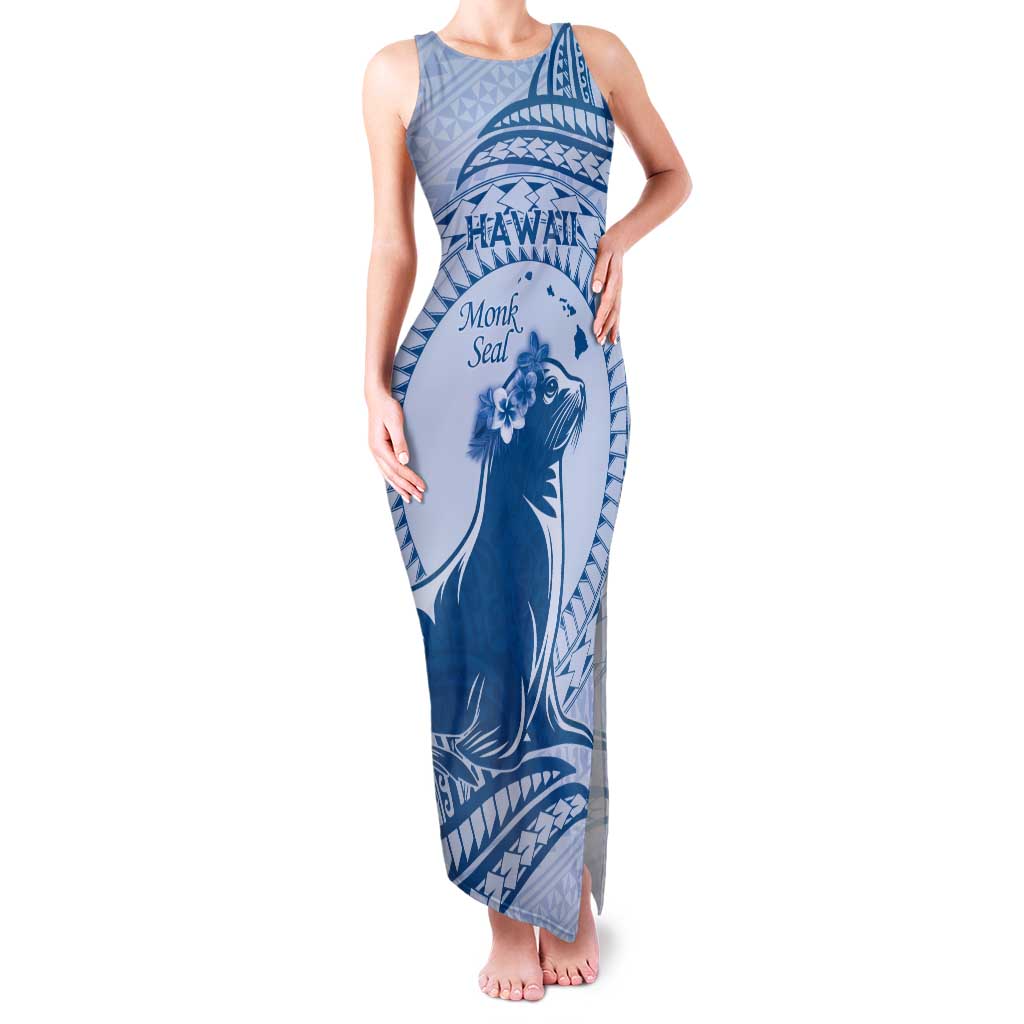 Personalised Hawaii Monk Seal Tank Maxi Dress Polynesian Tattoo With Tropical Flowers - Blue Pastel