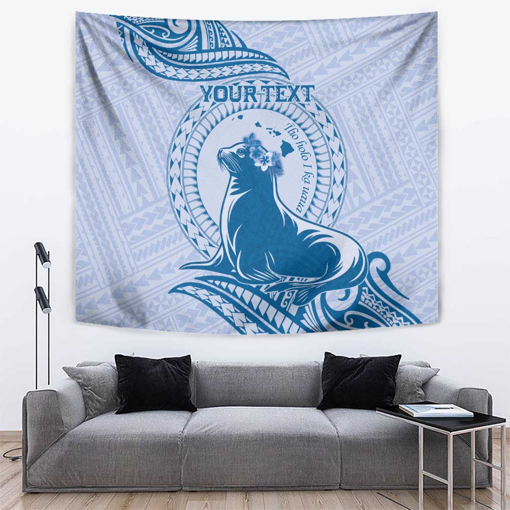 Personalised Hawaii Monk Seal Tapestry Polynesian Tattoo With Tropical Flowers - Blue Pastel