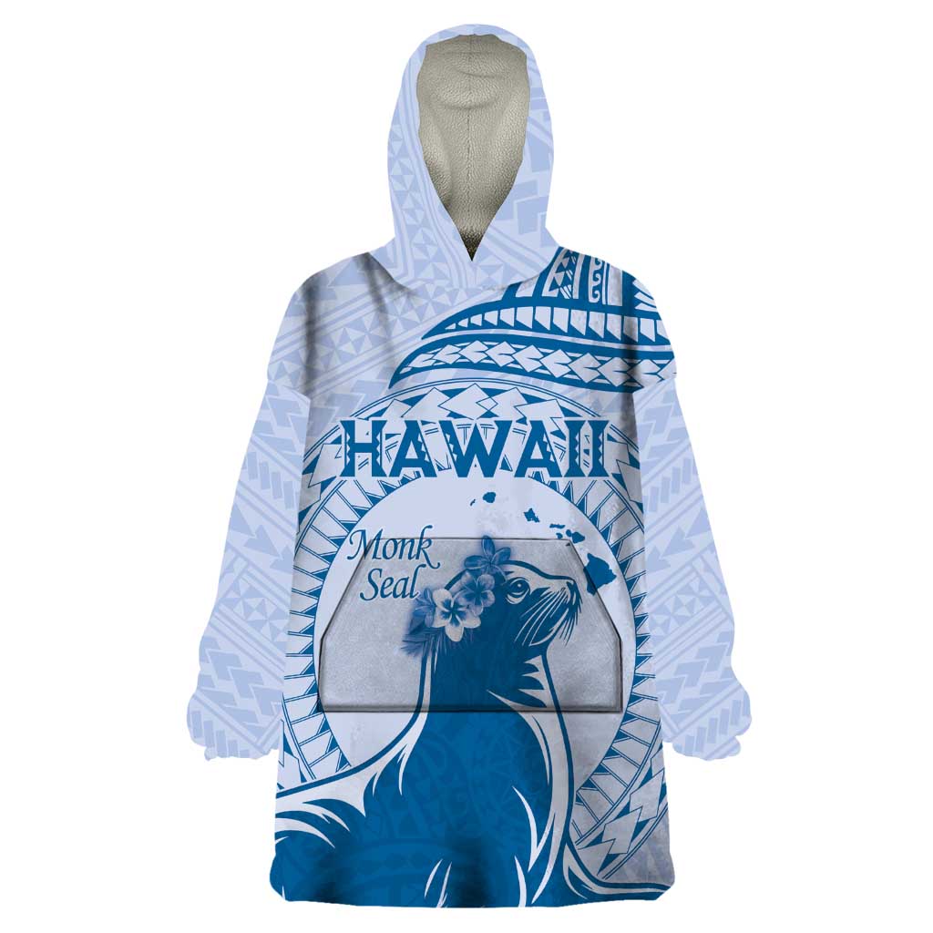 Personalised Hawaii Monk Seal Wearable Blanket Hoodie Polynesian Tattoo With Tropical Flowers - Blue Pastel