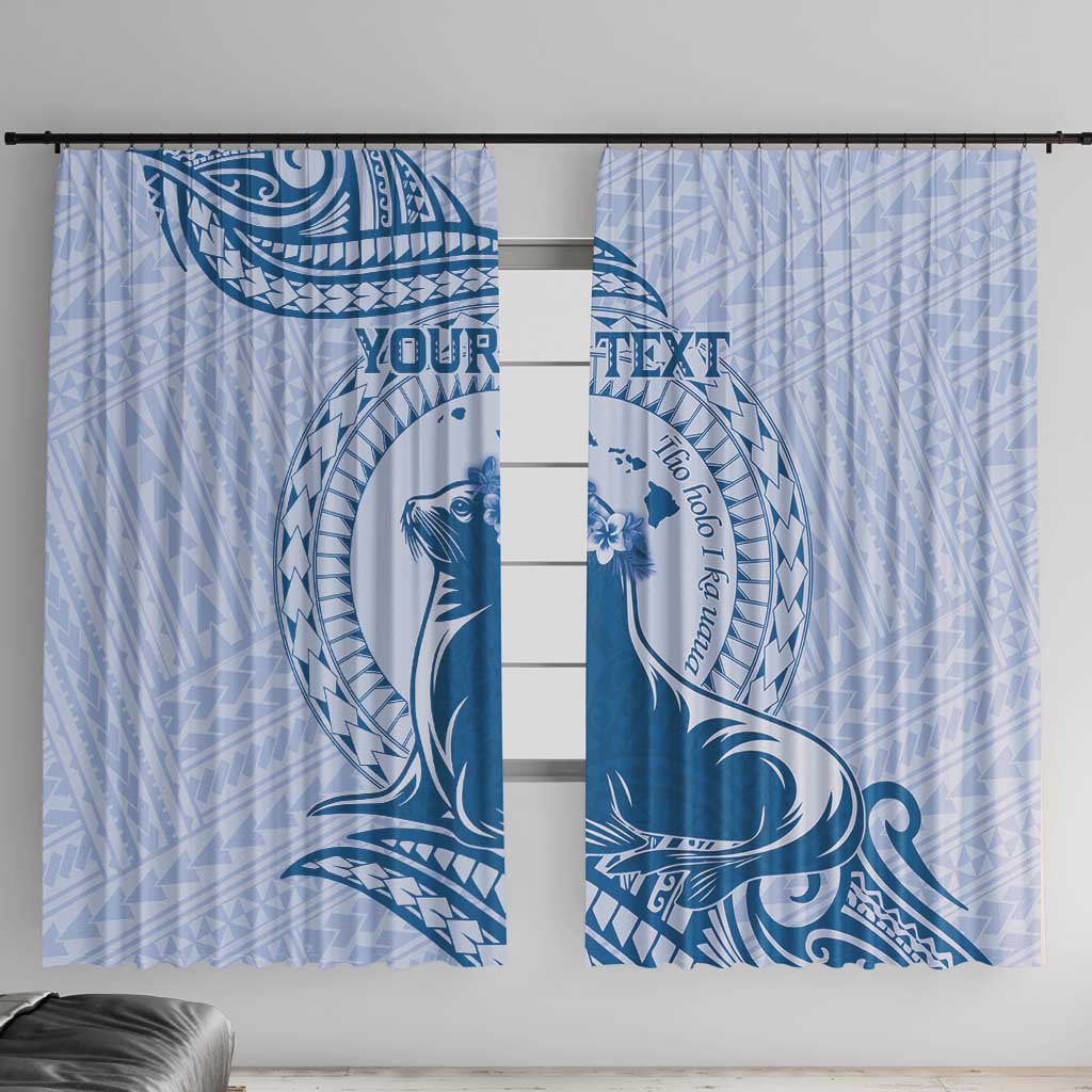 Personalised Hawaii Monk Seal Window Curtain Polynesian Tattoo With Tropical Flowers - Blue Pastel