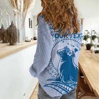 Personalised Hawaii Monk Seal Women Casual Shirt Polynesian Tattoo With Tropical Flowers - Blue Pastel