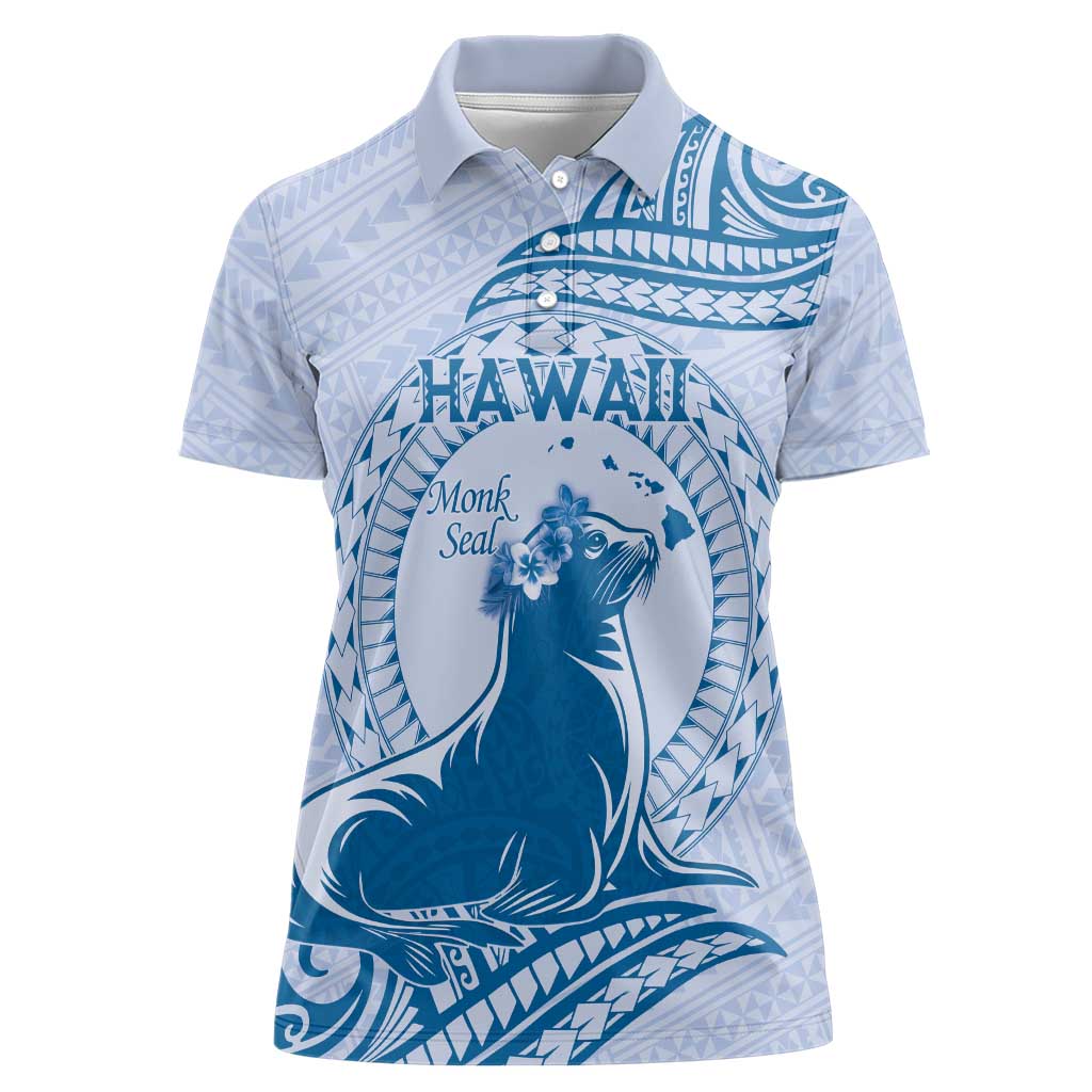 Personalised Hawaii Monk Seal Women Polo Shirt Polynesian Tattoo With Tropical Flowers - Blue Pastel