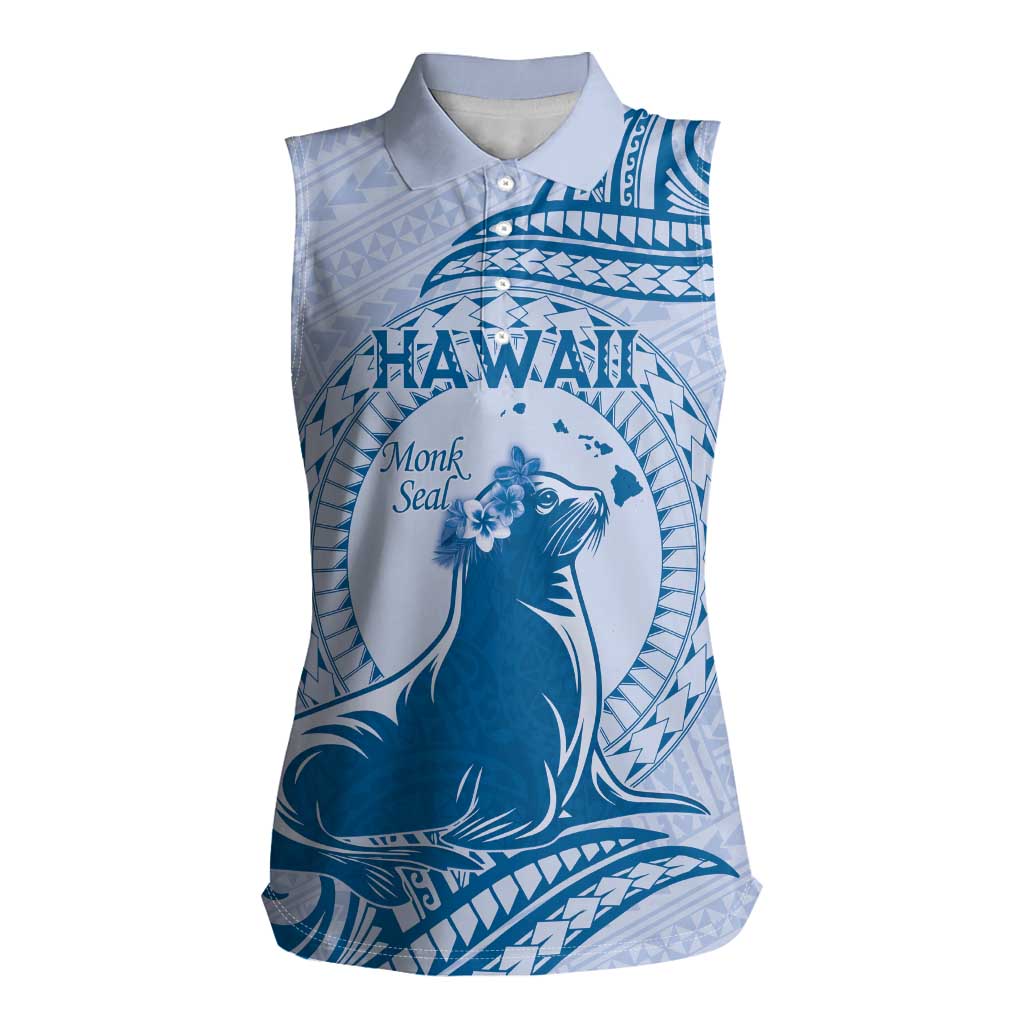 Personalised Hawaii Monk Seal Women Sleeveless Polo Shirt Polynesian Tattoo With Tropical Flowers - Blue Pastel