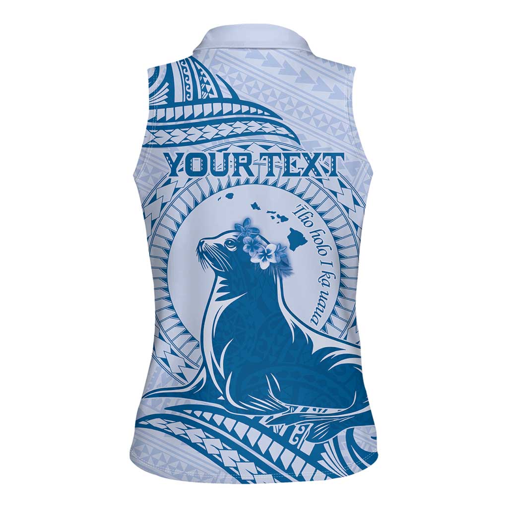 Personalised Hawaii Monk Seal Women Sleeveless Polo Shirt Polynesian Tattoo With Tropical Flowers - Blue Pastel