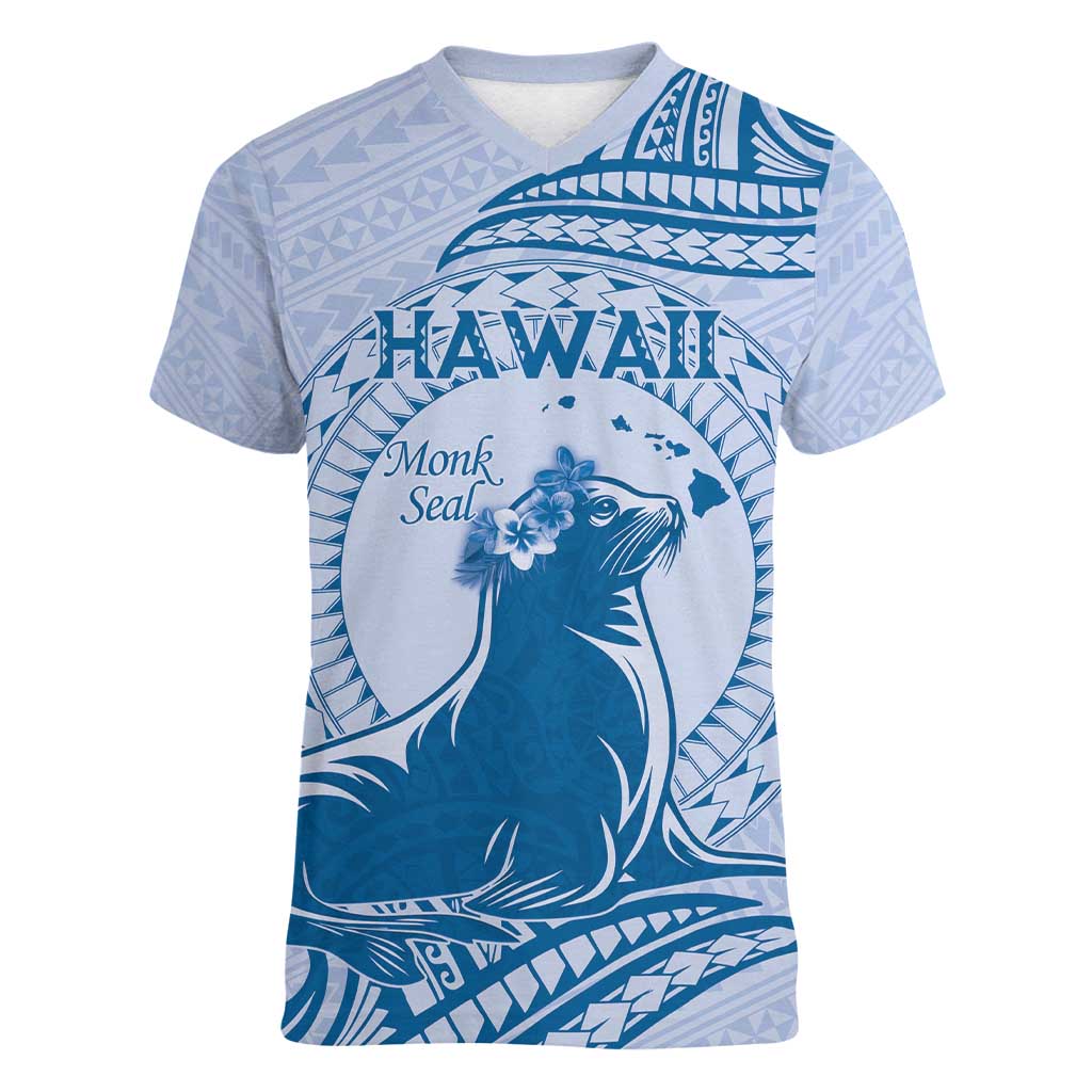 Personalised Hawaii Monk Seal Women V-Neck T-Shirt Polynesian Tattoo With Tropical Flowers - Blue Pastel