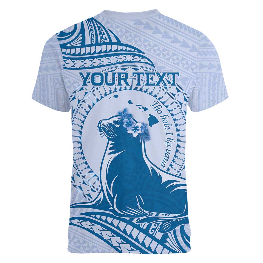 Personalised Hawaii Monk Seal Women V-Neck T-Shirt Polynesian Tattoo With Tropical Flowers - Blue Pastel