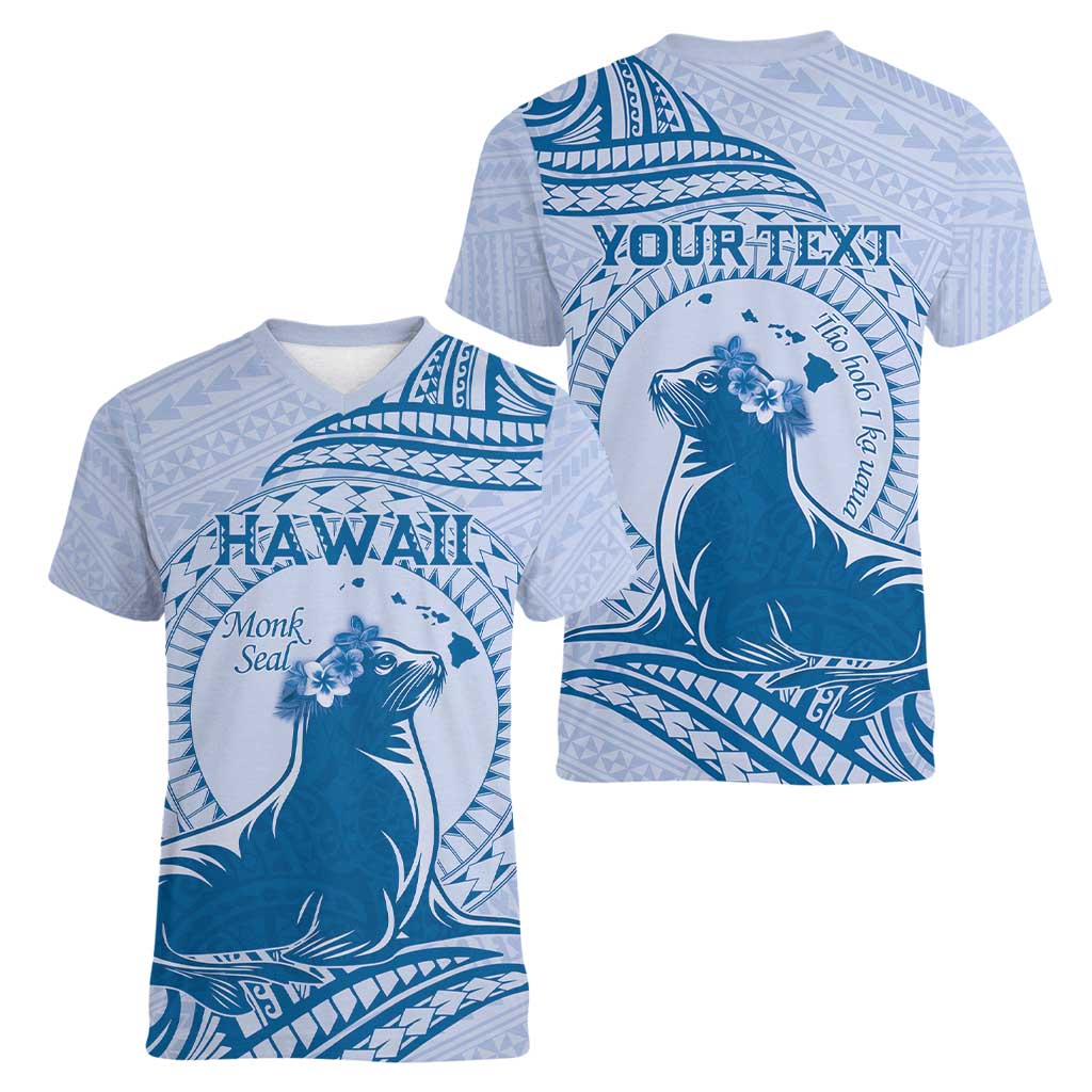 Personalised Hawaii Monk Seal Women V-Neck T-Shirt Polynesian Tattoo With Tropical Flowers - Blue Pastel