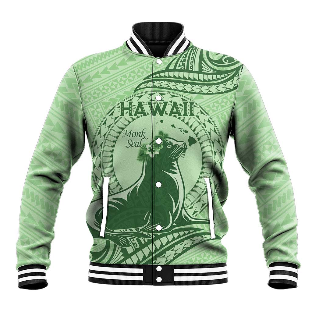 Personalised Hawaii Monk Seal Baseball Jacket Polynesian Tattoo With Tropical Flowers - Green Pastel