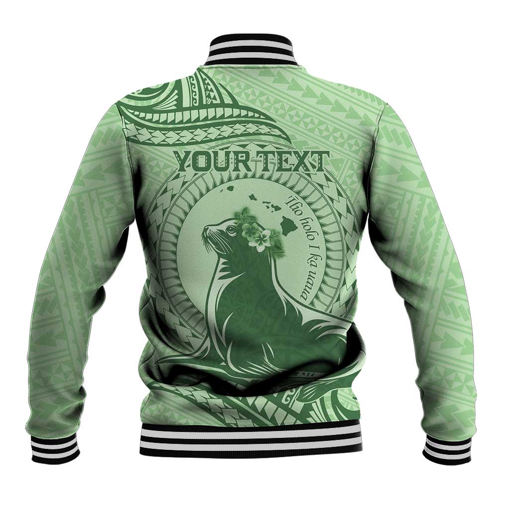 Personalised Hawaii Monk Seal Baseball Jacket Polynesian Tattoo With Tropical Flowers - Green Pastel LT14 - Polynesian Pride