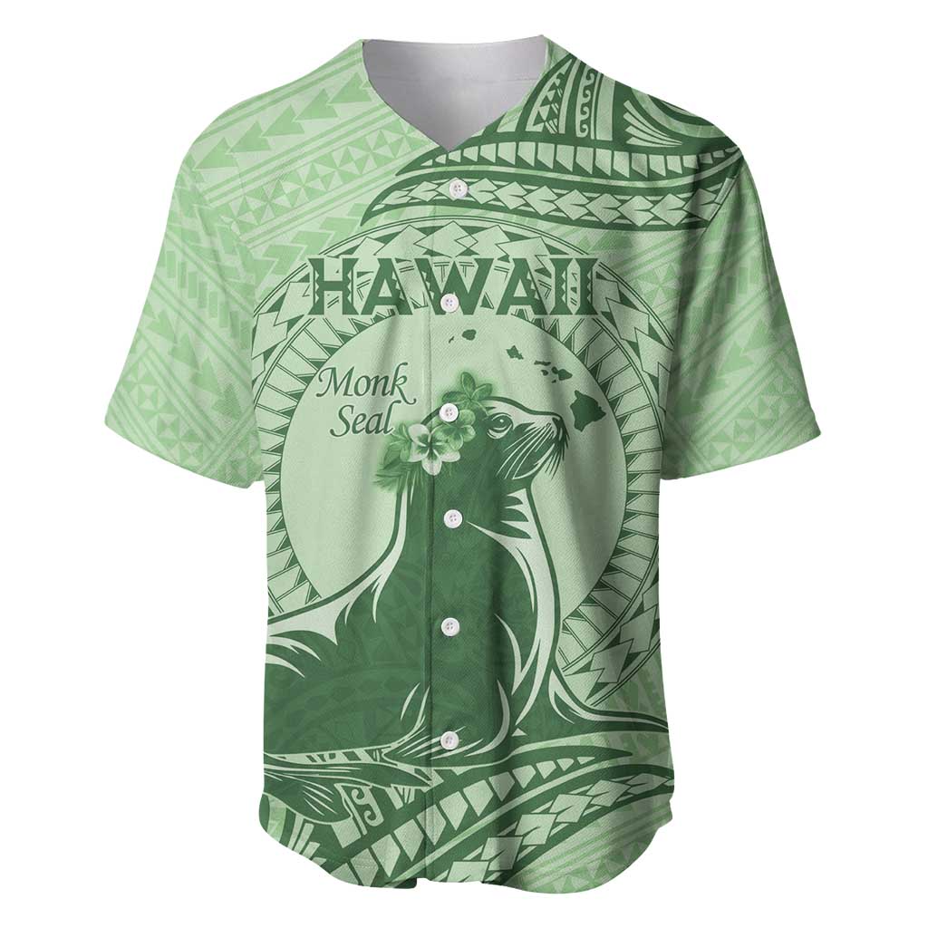 Personalised Hawaii Monk Seal Baseball Jersey Polynesian Tattoo With Tropical Flowers - Green Pastel