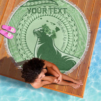 Personalised Hawaii Monk Seal Beach Blanket Polynesian Tattoo With Tropical Flowers - Green Pastel LT14 - Polynesian Pride