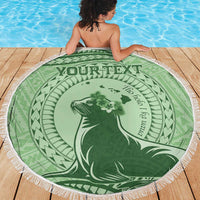 Personalised Hawaii Monk Seal Beach Blanket Polynesian Tattoo With Tropical Flowers - Green Pastel LT14 - Polynesian Pride