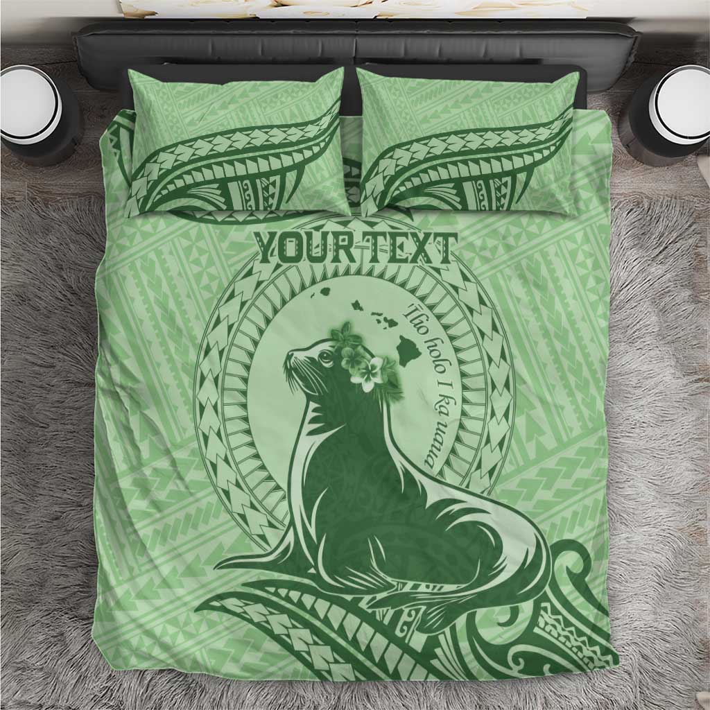 Personalised Hawaii Monk Seal Bedding Set Polynesian Tattoo With Tropical Flowers - Green Pastel LT14 Green - Polynesian Pride