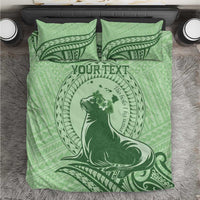 Personalised Hawaii Monk Seal Bedding Set Polynesian Tattoo With Tropical Flowers - Green Pastel LT14 Green - Polynesian Pride