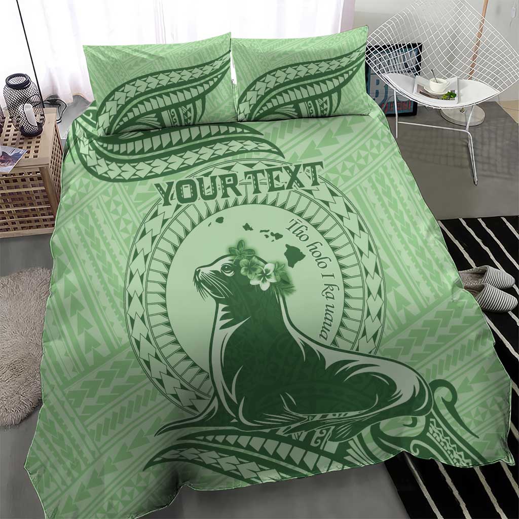 Personalised Hawaii Monk Seal Bedding Set Polynesian Tattoo With Tropical Flowers - Green Pastel LT14 - Polynesian Pride