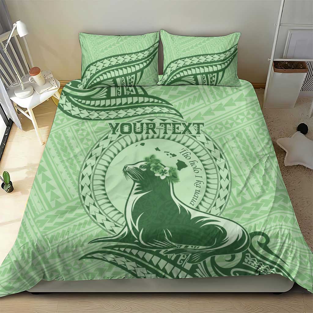 Personalised Hawaii Monk Seal Bedding Set Polynesian Tattoo With Tropical Flowers - Green Pastel LT14 - Polynesian Pride