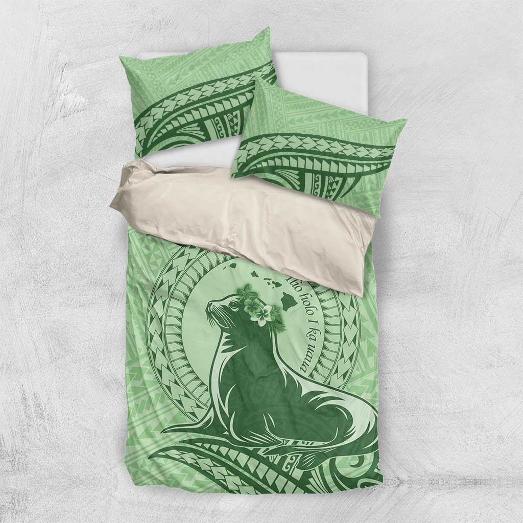 Personalised Hawaii Monk Seal Bedding Set Polynesian Tattoo With Tropical Flowers - Green Pastel LT14 US Twin 172cm x 218cm Green - Polynesian Pride