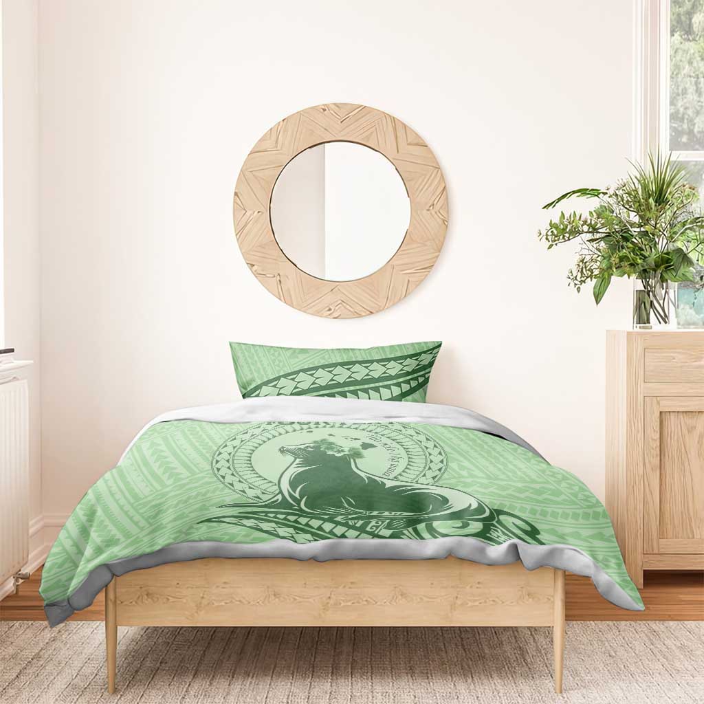 Personalised Hawaii Monk Seal Bedding Set Polynesian Tattoo With Tropical Flowers - Green Pastel LT14 - Polynesian Pride