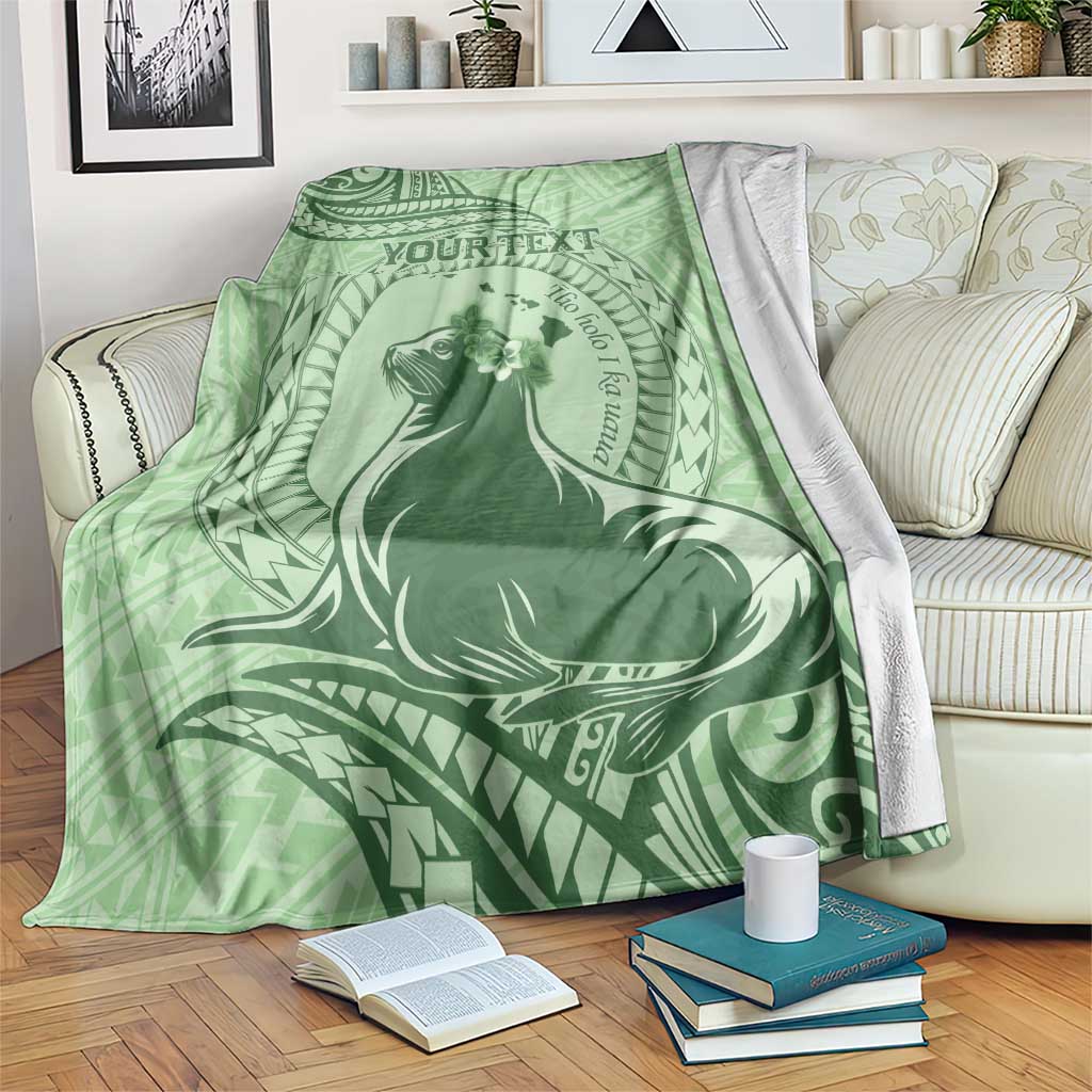 Personalised Hawaii Monk Seal Blanket Polynesian Tattoo With Tropical Flowers - Green Pastel