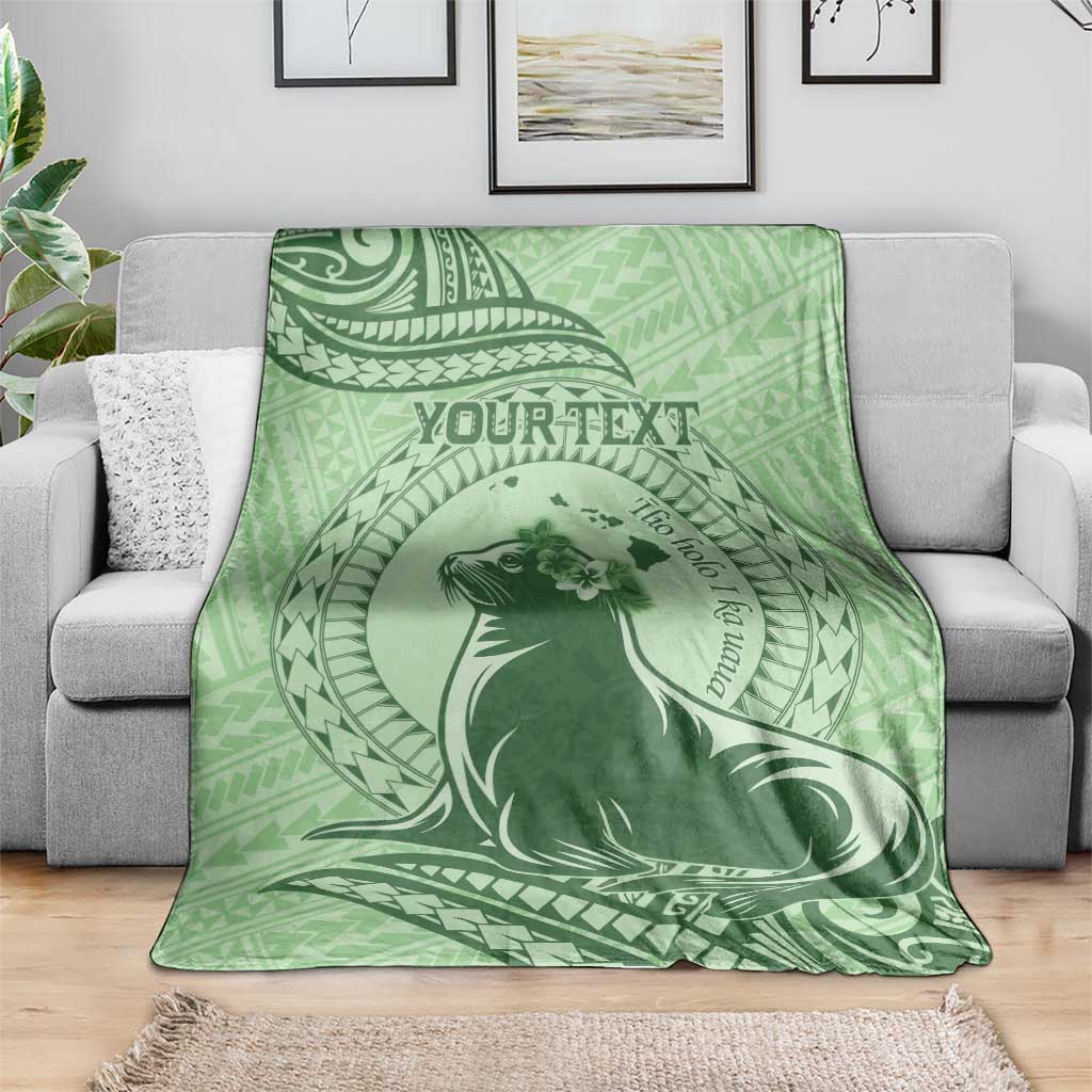 Personalised Hawaii Monk Seal Blanket Polynesian Tattoo With Tropical Flowers - Green Pastel LT14 - Polynesian Pride