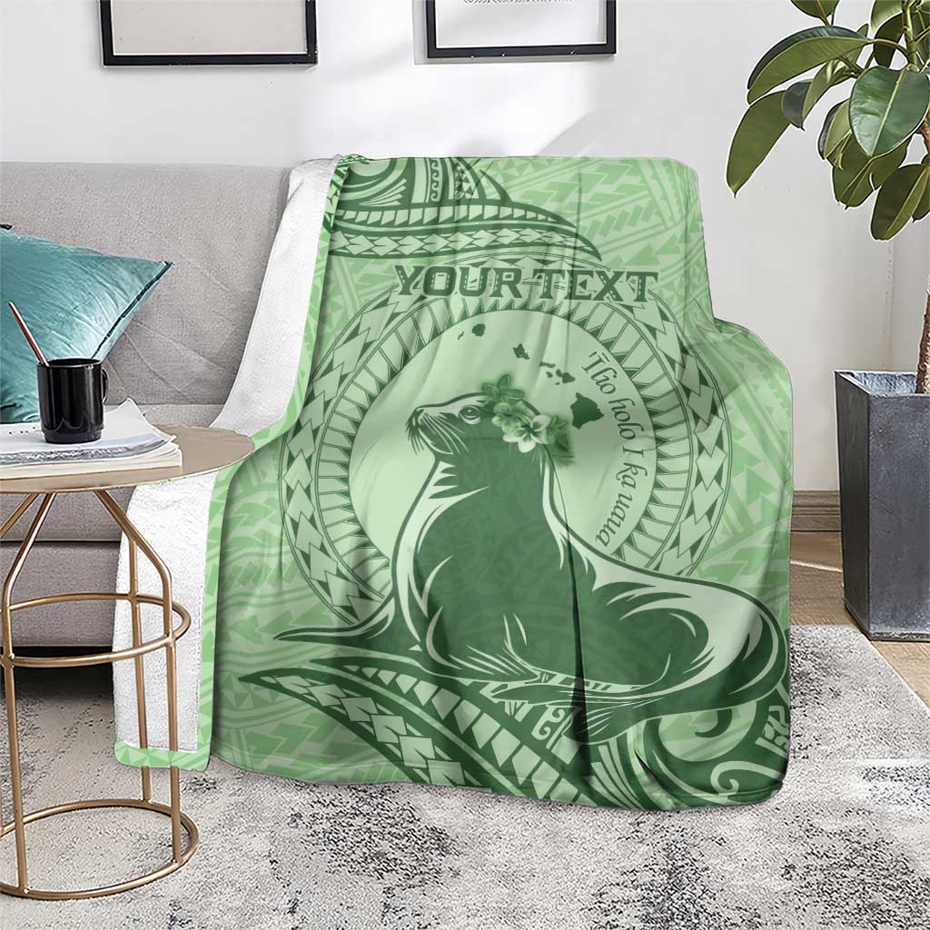 Personalised Hawaii Monk Seal Blanket Polynesian Tattoo With Tropical Flowers - Green Pastel LT14 - Polynesian Pride