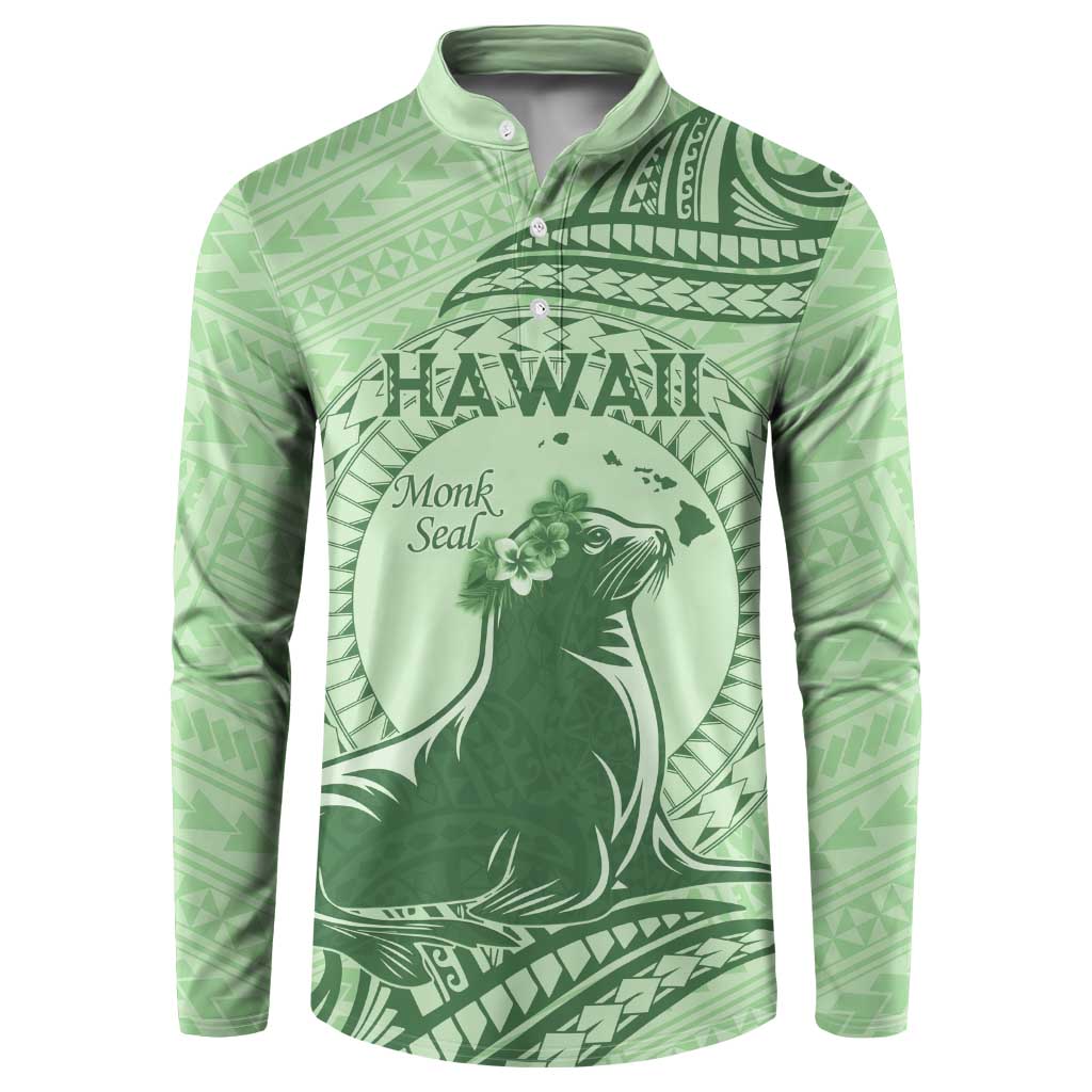 Personalised Hawaii Monk Seal Button Sweatshirt Polynesian Tattoo With Tropical Flowers - Green Pastel