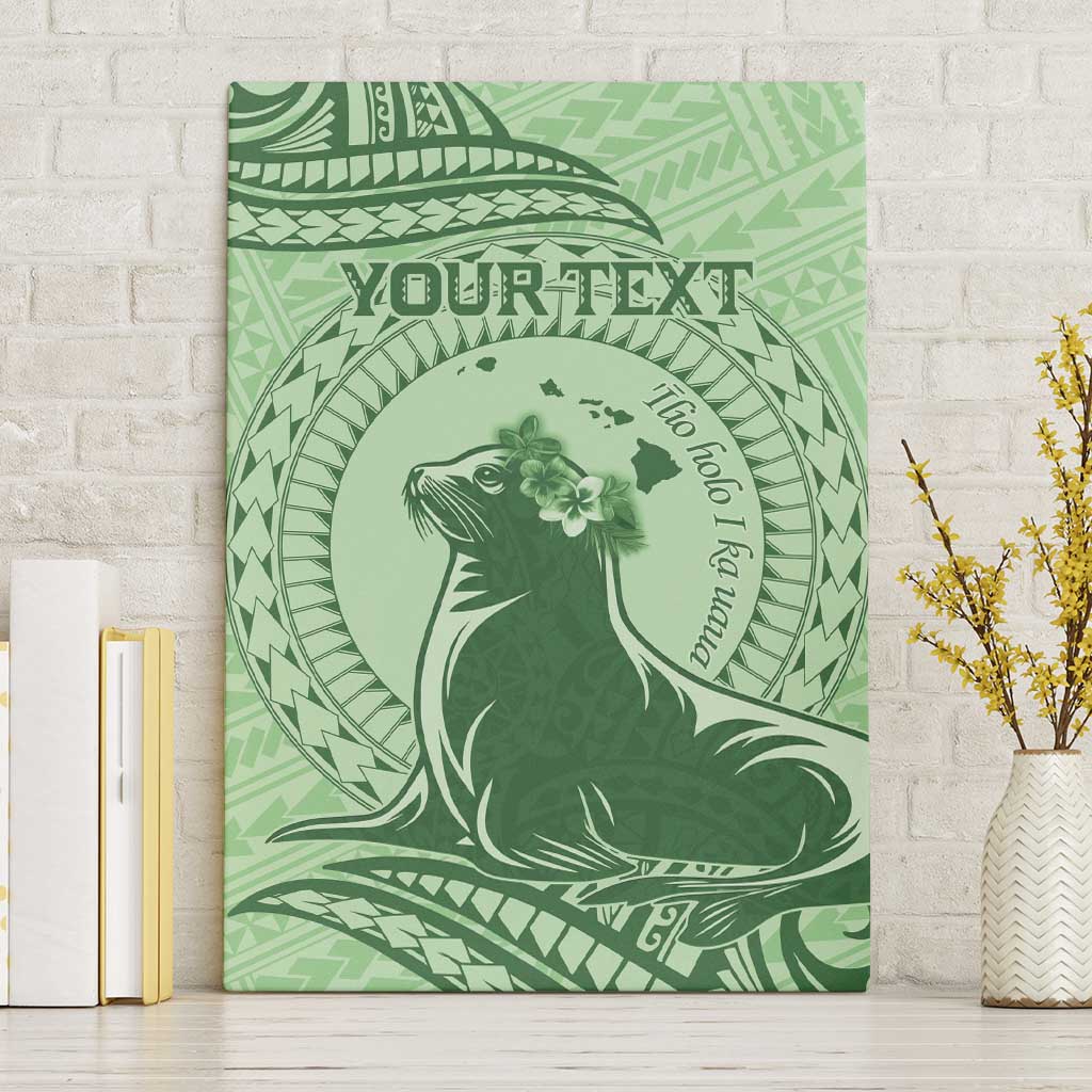 Personalised Hawaii Monk Seal Canvas Wall Art Polynesian Tattoo With Tropical Flowers - Green Pastel