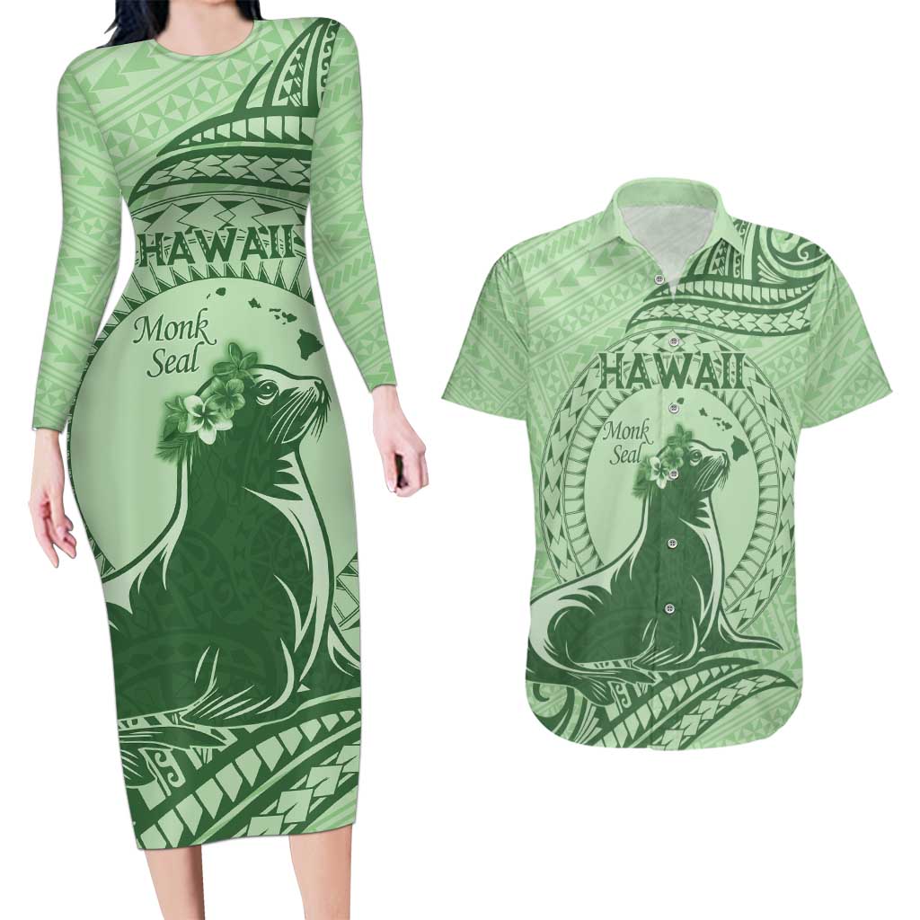 Personalised Hawaii Monk Seal Couples Matching Long Sleeve Bodycon Dress and Hawaiian Shirt Polynesian Tattoo With Tropical Flowers - Green Pastel LT14 Green - Polynesian Pride