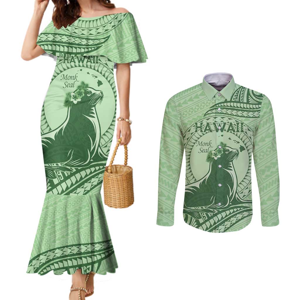 Personalised Hawaii Monk Seal Couples Matching Mermaid Dress and Long Sleeve Button Shirt Polynesian Tattoo With Tropical Flowers - Green Pastel LT14 Green - Polynesian Pride