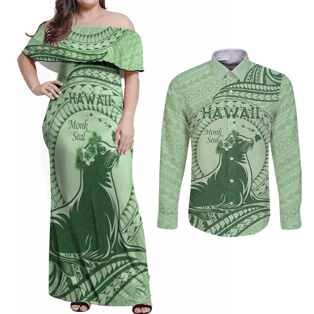 Personalised Hawaii Monk Seal Couples Matching Off Shoulder Maxi Dress and Long Sleeve Button Shirt Polynesian Tattoo With Tropical Flowers - Green Pastel LT14 Green - Polynesian Pride