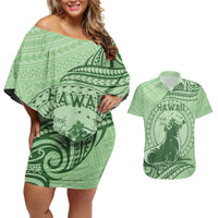 Personalised Hawaii Monk Seal Couples Matching Off Shoulder Short Dress and Hawaiian Shirt Polynesian Tattoo With Tropical Flowers - Green Pastel LT14 Green - Polynesian Pride