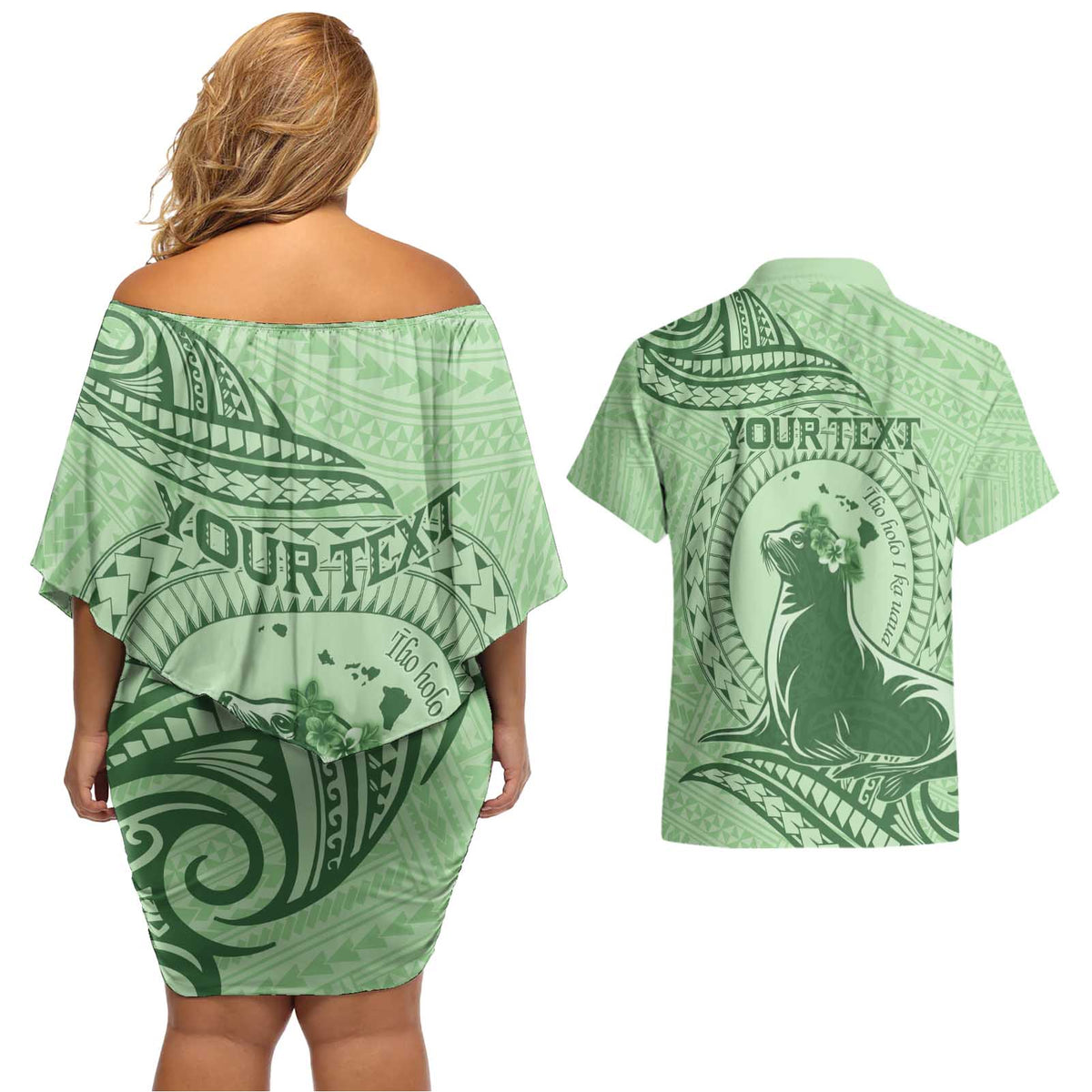 Personalised Hawaii Monk Seal Couples Matching Off Shoulder Short Dress and Hawaiian Shirt Polynesian Tattoo With Tropical Flowers - Green Pastel LT14 - Polynesian Pride