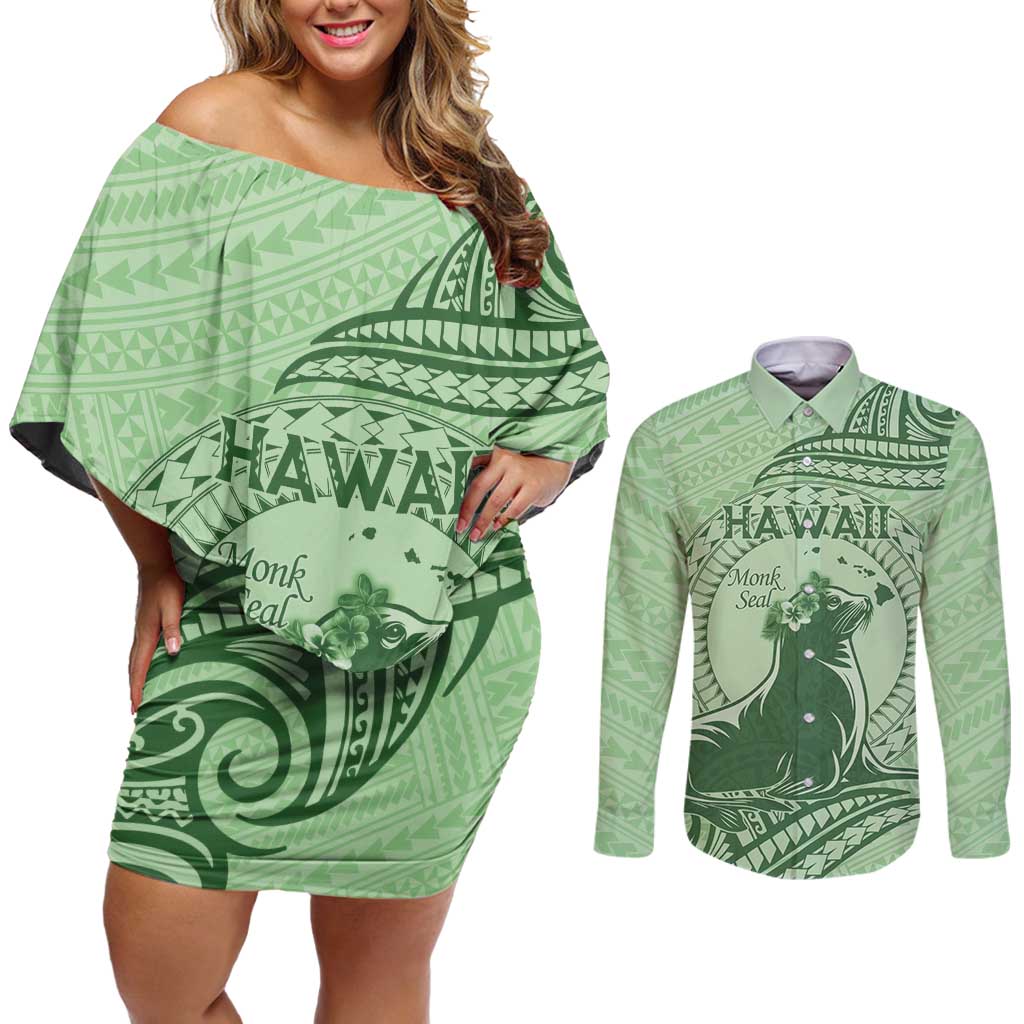 Personalised Hawaii Monk Seal Couples Matching Off Shoulder Short Dress and Long Sleeve Button Shirt Polynesian Tattoo With Tropical Flowers - Green Pastel LT14 Green - Polynesian Pride