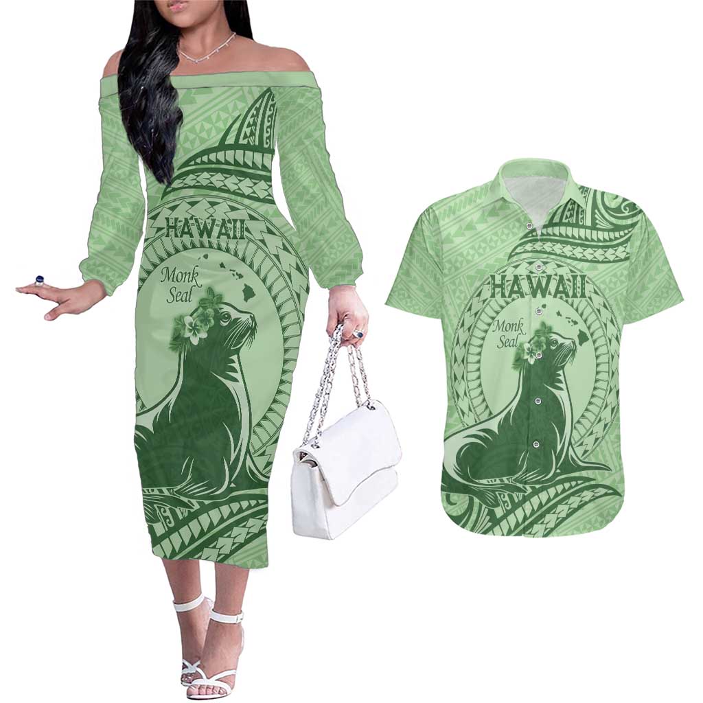 Personalised Hawaii Monk Seal Couples Matching Off The Shoulder Long Sleeve Dress and Hawaiian Shirt Polynesian Tattoo With Tropical Flowers - Green Pastel LT14 Green - Polynesian Pride