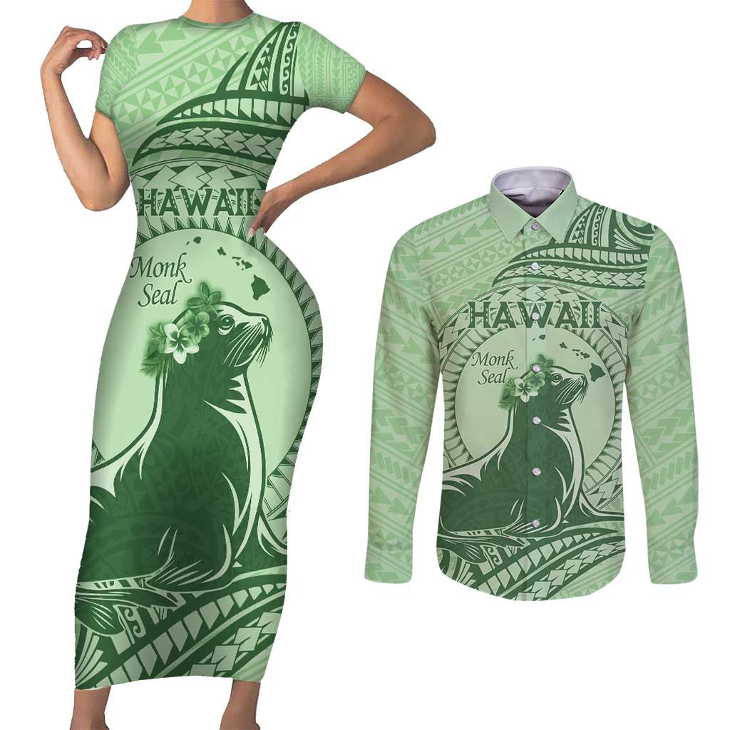 Personalised Hawaii Monk Seal Couples Matching Short Sleeve Bodycon Dress and Long Sleeve Button Shirt Polynesian Tattoo With Tropical Flowers - Green Pastel LT14 Green - Polynesian Pride