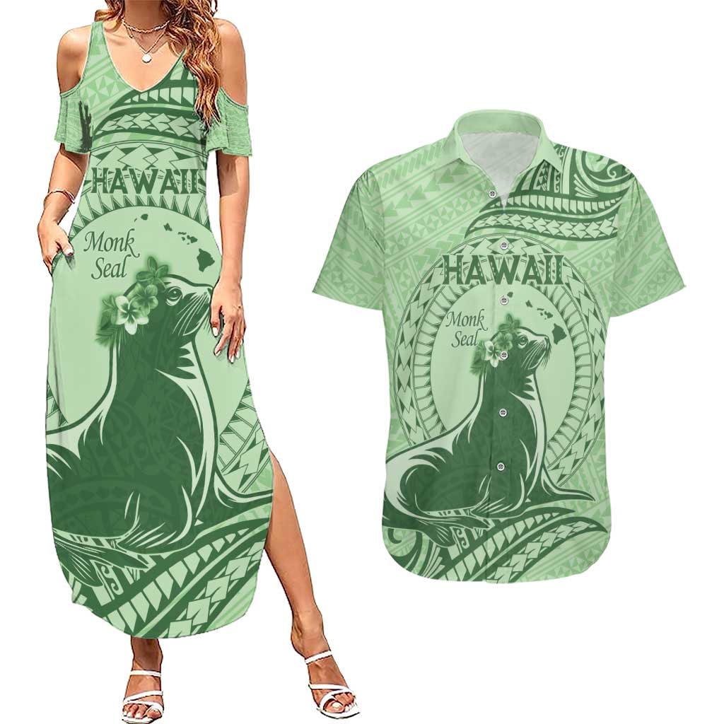 Personalised Hawaii Monk Seal Couples Matching Summer Maxi Dress and Hawaiian Shirt Polynesian Tattoo With Tropical Flowers - Green Pastel LT14 Green - Polynesian Pride