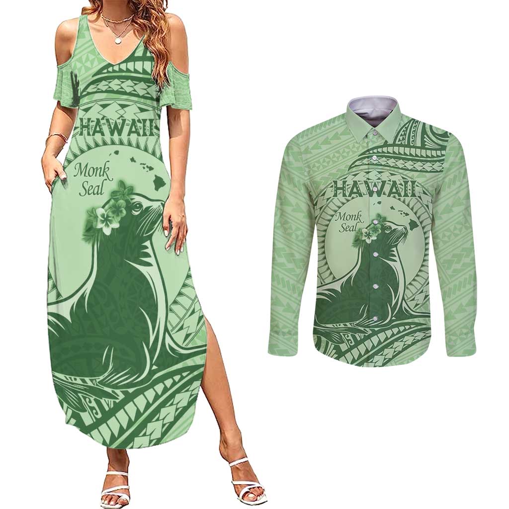 Personalised Hawaii Monk Seal Couples Matching Summer Maxi Dress and Long Sleeve Button Shirt Polynesian Tattoo With Tropical Flowers - Green Pastel LT14 Green - Polynesian Pride