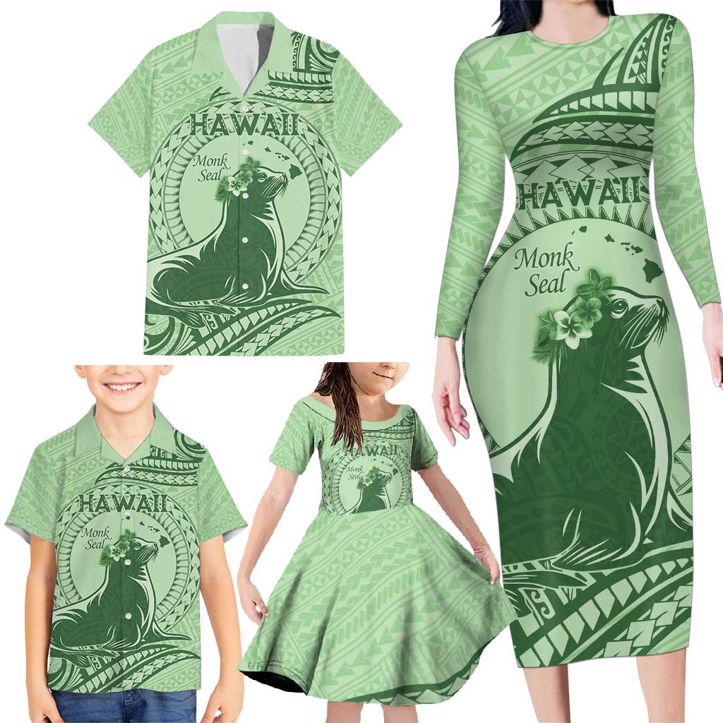 Personalised Hawaii Monk Seal Family Matching Long Sleeve Bodycon Dress and Hawaiian Shirt Polynesian Tattoo With Tropical Flowers - Green Pastel
