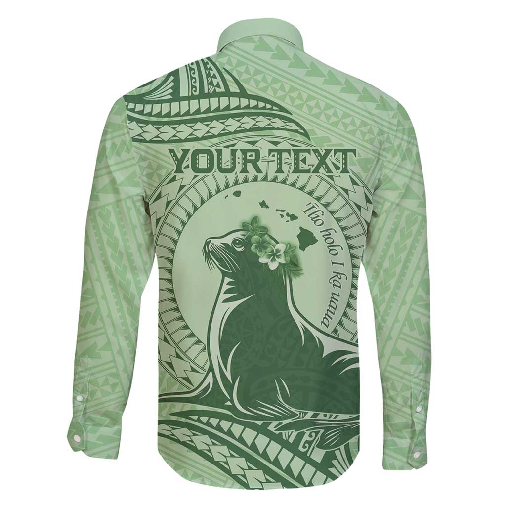 Personalised Hawaii Monk Seal Family Matching Long Sleeve Bodycon Dress and Hawaiian Shirt Polynesian Tattoo With Tropical Flowers - Green Pastel