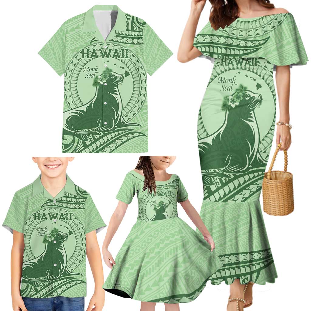 Personalised Hawaii Monk Seal Family Matching Mermaid Dress and Hawaiian Shirt Polynesian Tattoo With Tropical Flowers - Green Pastel