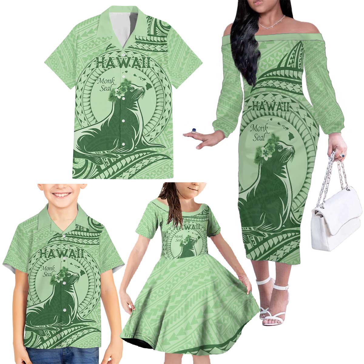 Personalised Hawaii Monk Seal Family Matching Off The Shoulder Long Sleeve Dress and Hawaiian Shirt Polynesian Tattoo With Tropical Flowers - Green Pastel