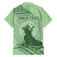 Personalised Hawaii Monk Seal Family Matching Off The Shoulder Long Sleeve Dress and Hawaiian Shirt Polynesian Tattoo With Tropical Flowers - Green Pastel