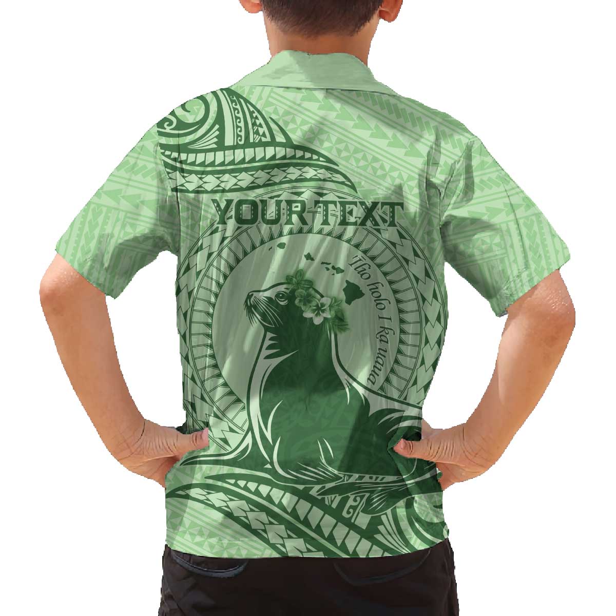 Personalised Hawaii Monk Seal Family Matching Off Shoulder Short Dress and Hawaiian Shirt Polynesian Tattoo With Tropical Flowers - Green Pastel LT14 - Polynesian Pride